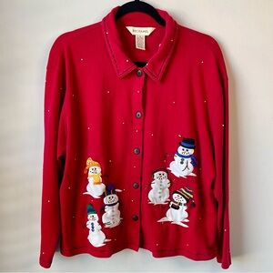 VNTG Bechamel Snowmen Embroidered Cardigan Ugly Christmas Sweater Size XL